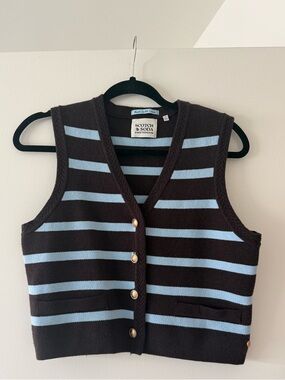 Scotch & Soda Brown and Light Blue Striped Knit Button Vest